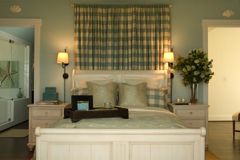 Sea Foam Green Bedroom With Cream Sleigh Bed and Checkered Drapery