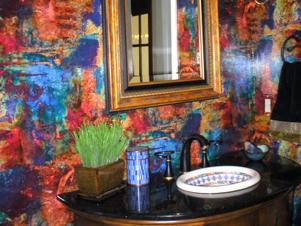 vivid wallpaper greets powder room guests