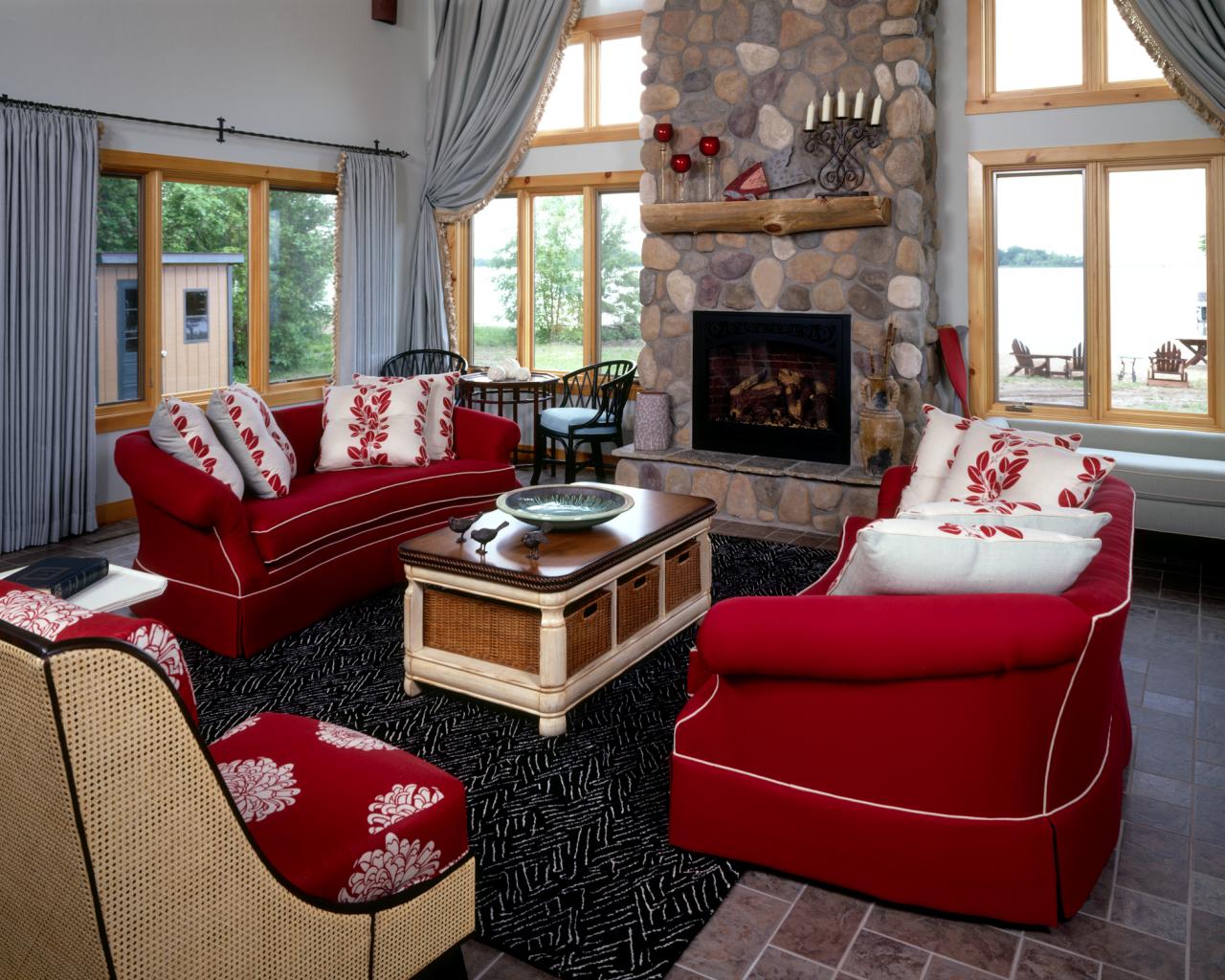 living room with red chairs