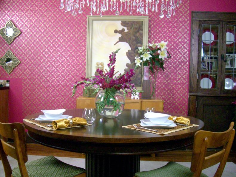 Contemporary Pink Dining Room With Round Table 