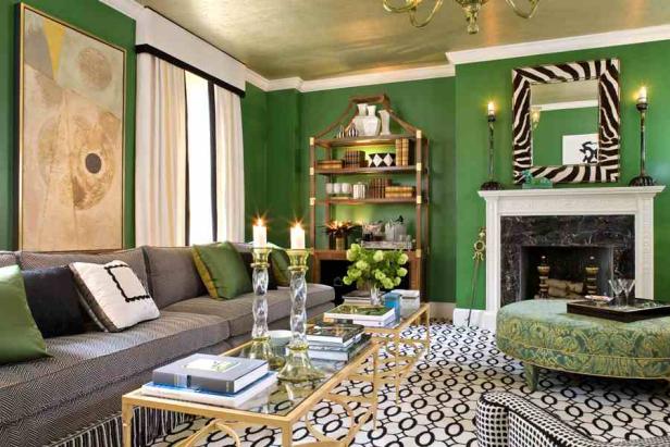 Green Walls In a Living Room With Black and White Details. 