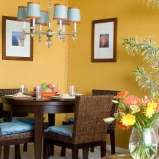 Yellow Transitional Dining Room With Wicker Chairs 