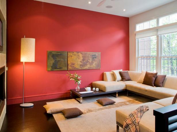 Red Asian Living Space With Neutral Furniture