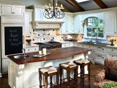 Wood and White Traditional Kitchen With Chalkboard and Chandelier