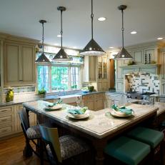 Traditional Kitchen With Galvanized Metal Pendant Lights