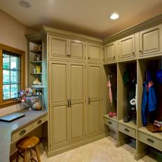 Neutral Mudroom With Cubbies And Desk