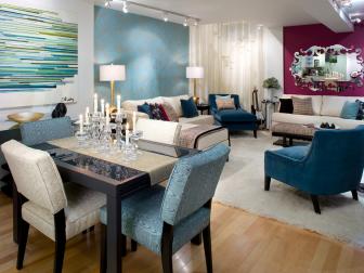 Family Room and Dining Room With Blue and Magenta Accent Walls