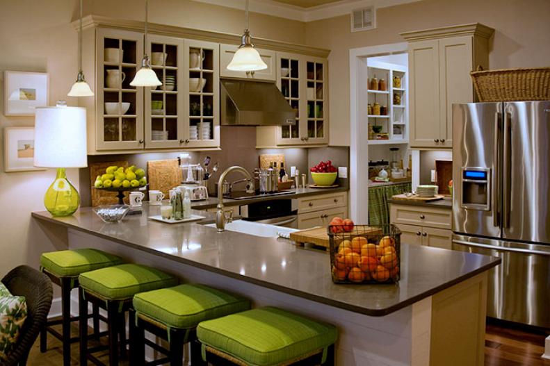 Traditional Neutral Kitchen With Green Bar Stools 