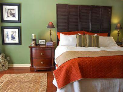 sage green and orange bedroom