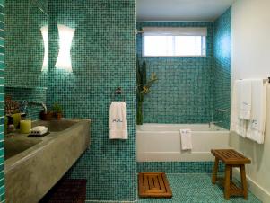 blue tiled bath gives watery appearance