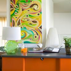 Multicolor Contemporary Home Office With Orange Desk