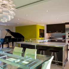 Open Plan Modern Great Room With Yellow Wall