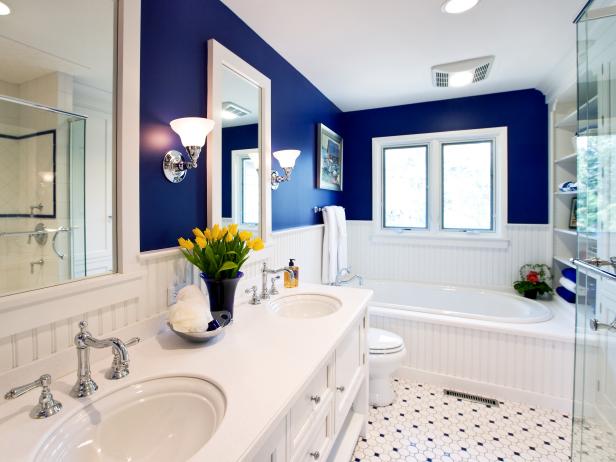 Elegant White And Blue Master Bathroom