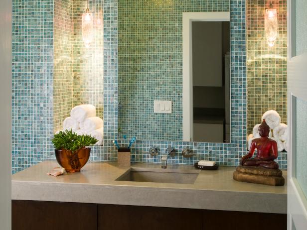 Contemporary Bathroom With Blue Tile Backsplash and Slate Countertop