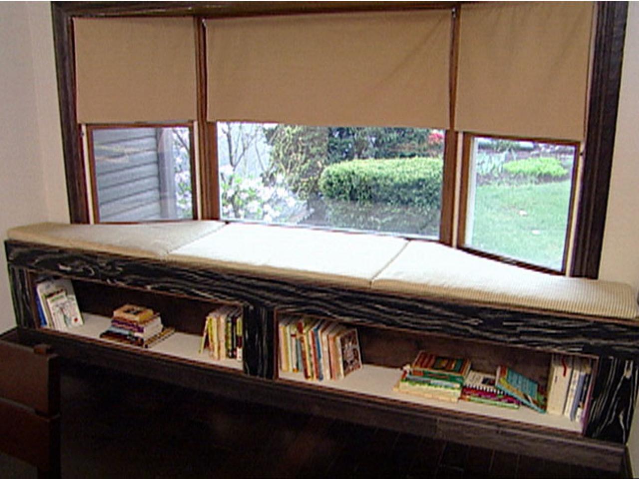 Cushioned Window Bench And Bookshelf, Bookcase Turned Into Bench