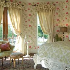 Pink and Green Floral Transitional Bedroom With Silk Bedding