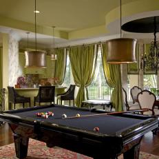 Game Room with Bronze Lampshade Chandeliers
