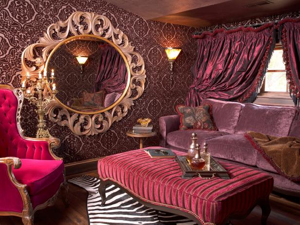 Pink Sitting Room with Large Ornate Mirror and Animal Print Rug