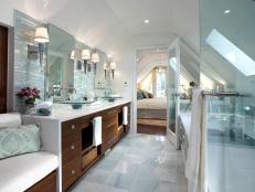 White Bathroom With Blue Tile Backsplash, Glass Shower & Double Vanity