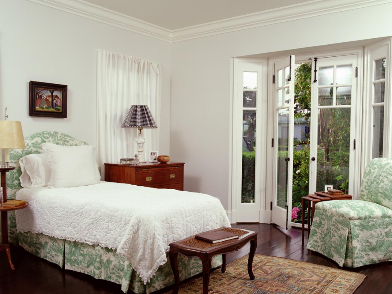 White Shabby Chic Bedroom With Green Toile Hgtv