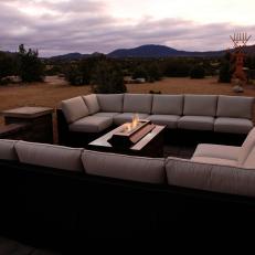 Gray Patio Seating Area With Modern Outdoor Fireplace
