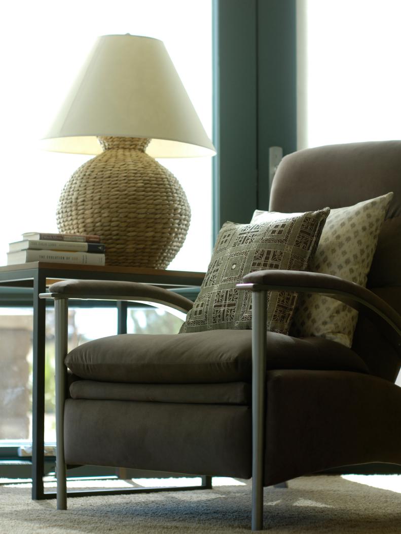 Brown Recliner Chair with Woven Grass Lamp
