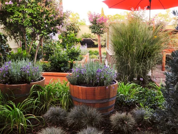 Grasses, greenery, and flowering plants thrive in this garden setting.