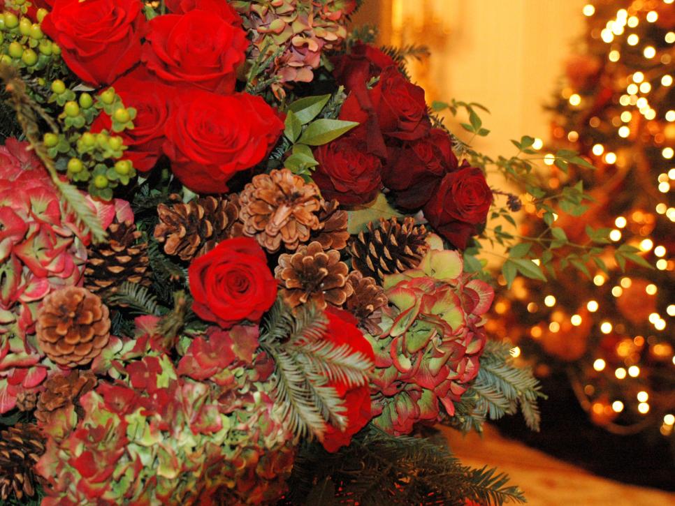 Christmas Bouquet With Greenery, Red Roses & Pinecones