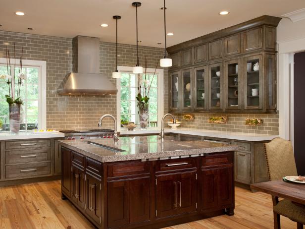 Kitchen With Large Maple Island, Gray Subway Tile & Cabinets