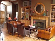 Brown Traditional Living Room With Built-In Bookshelves