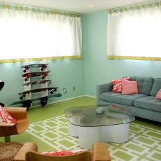 Aqua Sitting Room With Green and Pink Decor