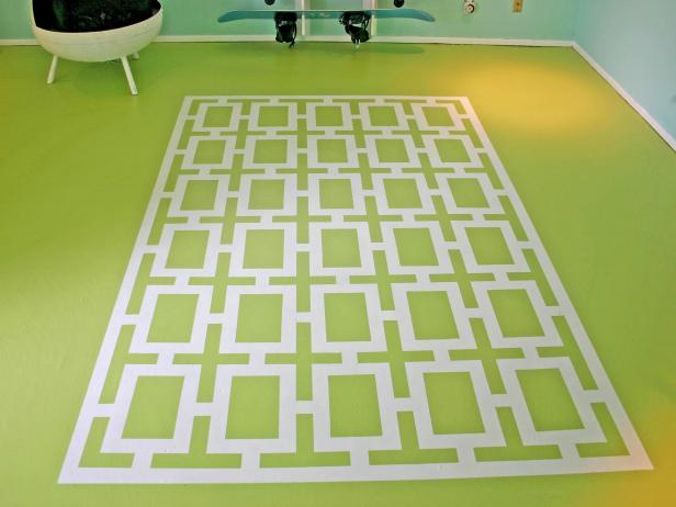 Green and White Faux Painted Rug With Large-Scale Geometric Pattern
