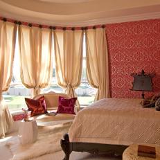 Red and White Bedroom With Damask Wall Covering