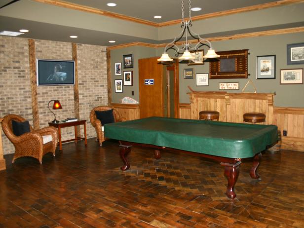 Finished Basement With Reclaimed Wood Floor and Pool Table