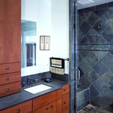 Contemporary Bathroom With Vertical Brown Cabinet