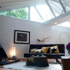 White Modern Living Room With Vaulted Ceiling