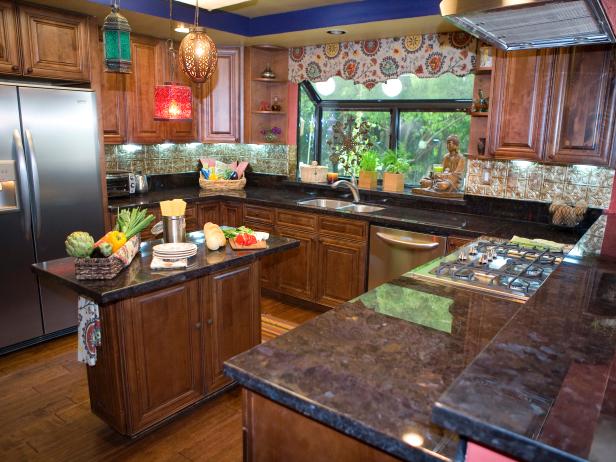Kitchen with Brown Cabinets and Granite Countertops