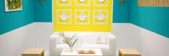 Contemporary Living Room With White, Yellow & Turquoise Walls