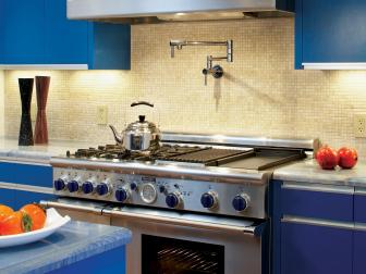 Modern Blue Kitchen With Neutral Mosaic Backsplash