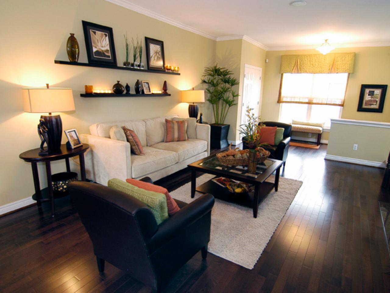 Transitional Living Room With Floating Shelves HGTV