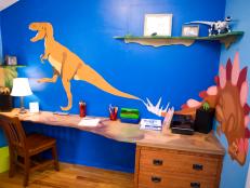 Blue Bedroom With Dinosaur Wall Painting 