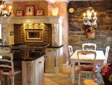 Kitchen and Dining Room With Country Table, Chairs and Stone Wall