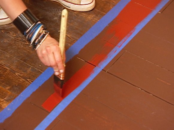 Brown Faux Painted Rug With Red Border