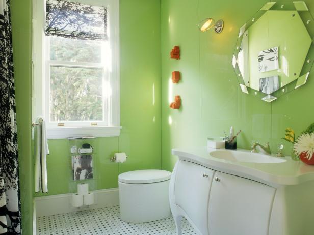 Bright Green Contemporary Bathroom with White Fixtures 