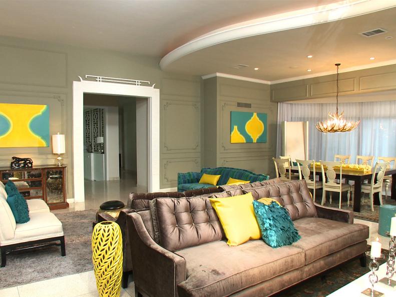 Living Room With Vintage Sofa and Yellow and Turquoise Accents