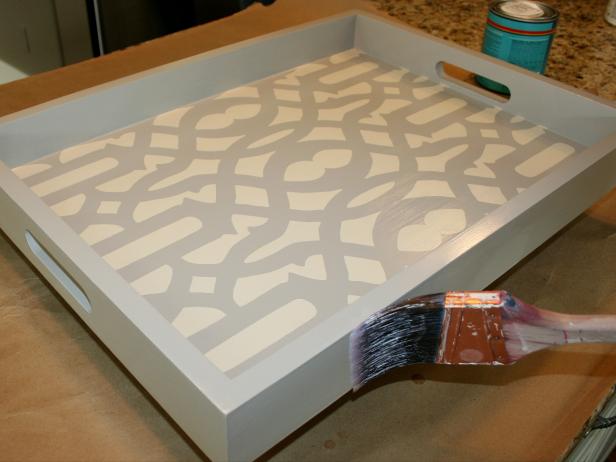  A finished gray and white stenciled tray.