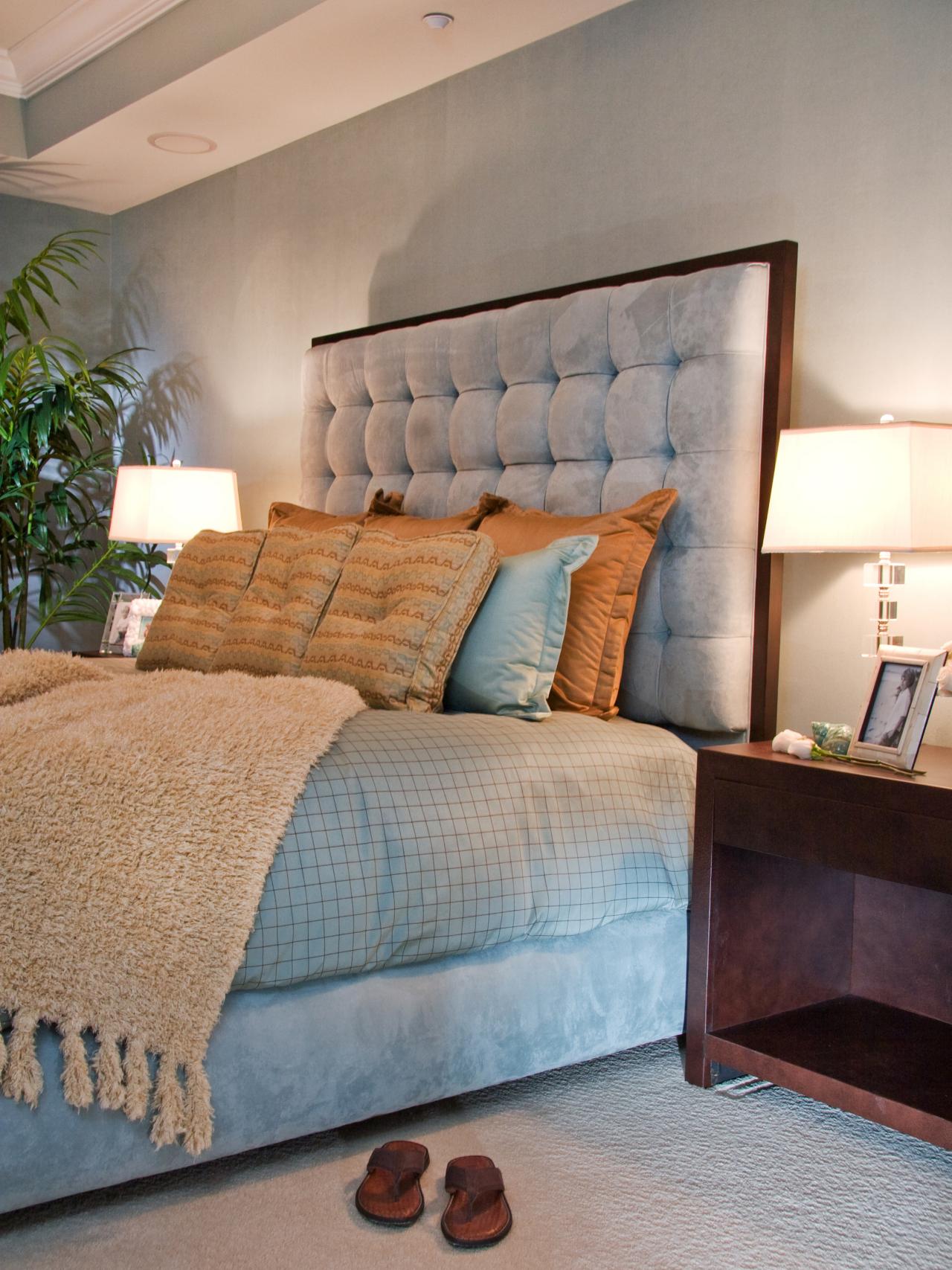 Neutral Bedroom with Blue Suede Tufted Headboard | HGTV
