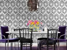 Contemporary Dining Room With Graphic Wallpaper and Purple Accents