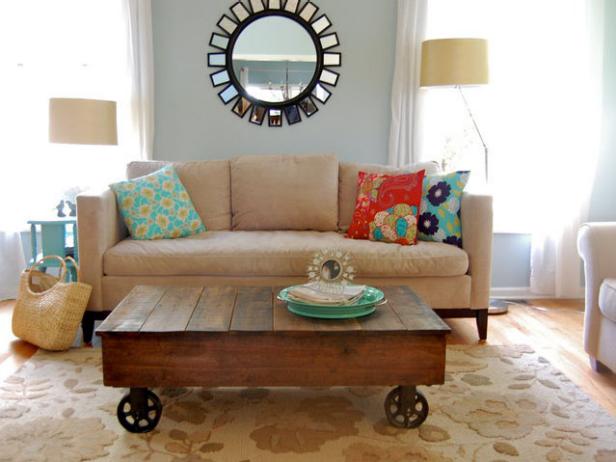 Blue Living Room With Reclaimed Wood Rolling Coffee Table