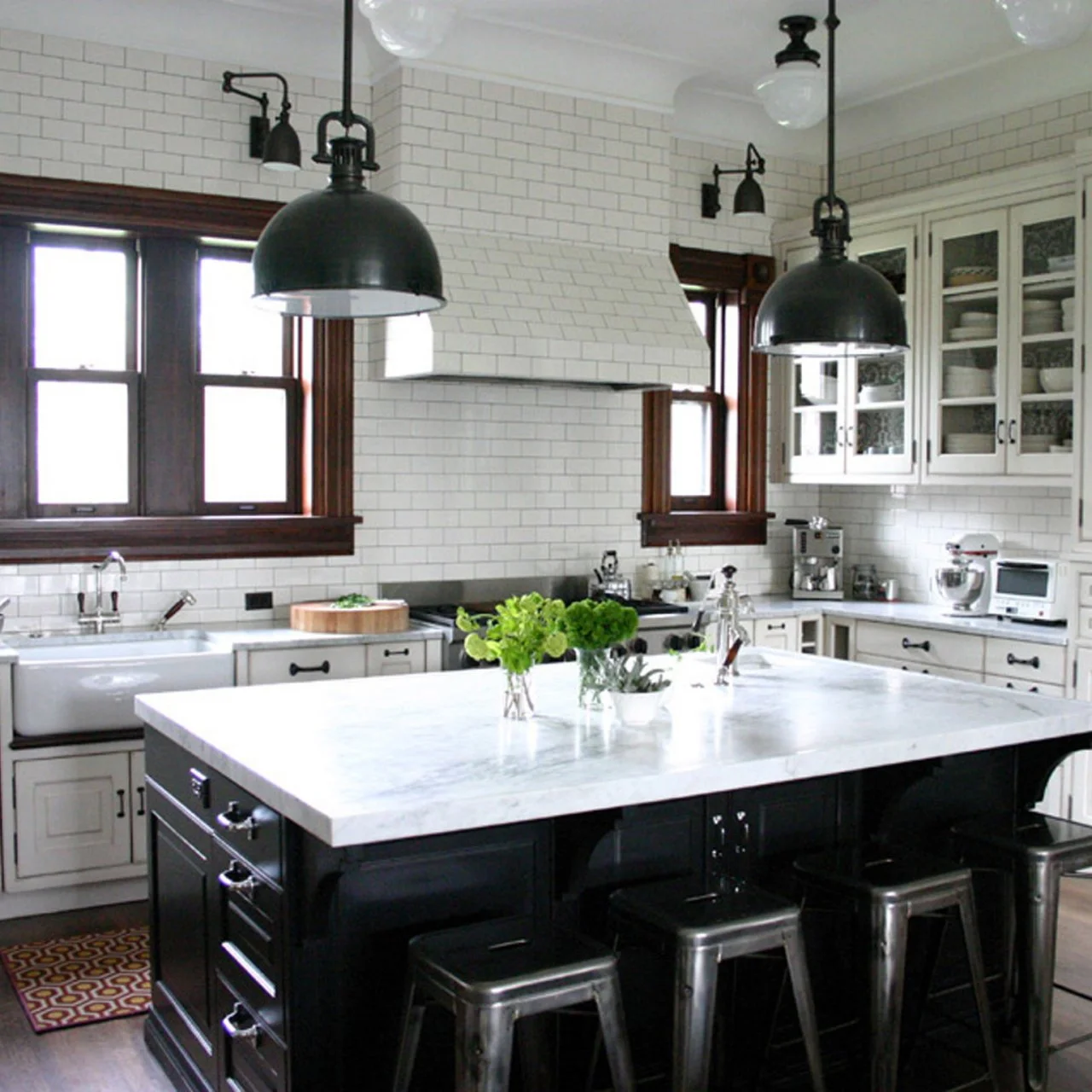 White kitchen with black and wood accents hotsell